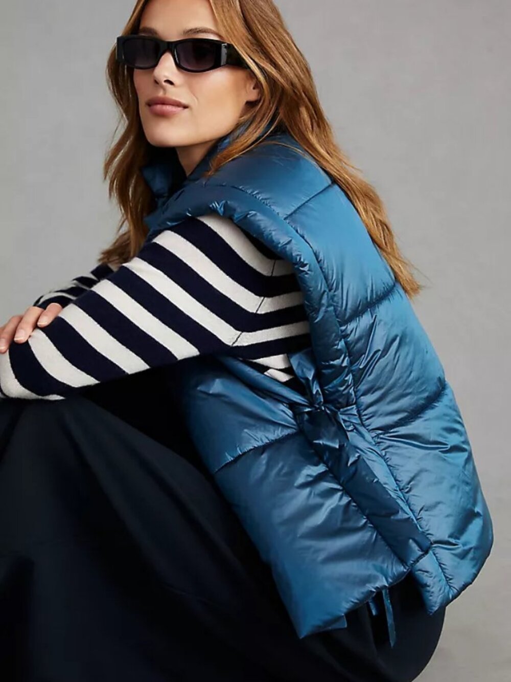 Anthropologie Pilcro Womens OS Metallic Blue Side Tie Puffer Vest